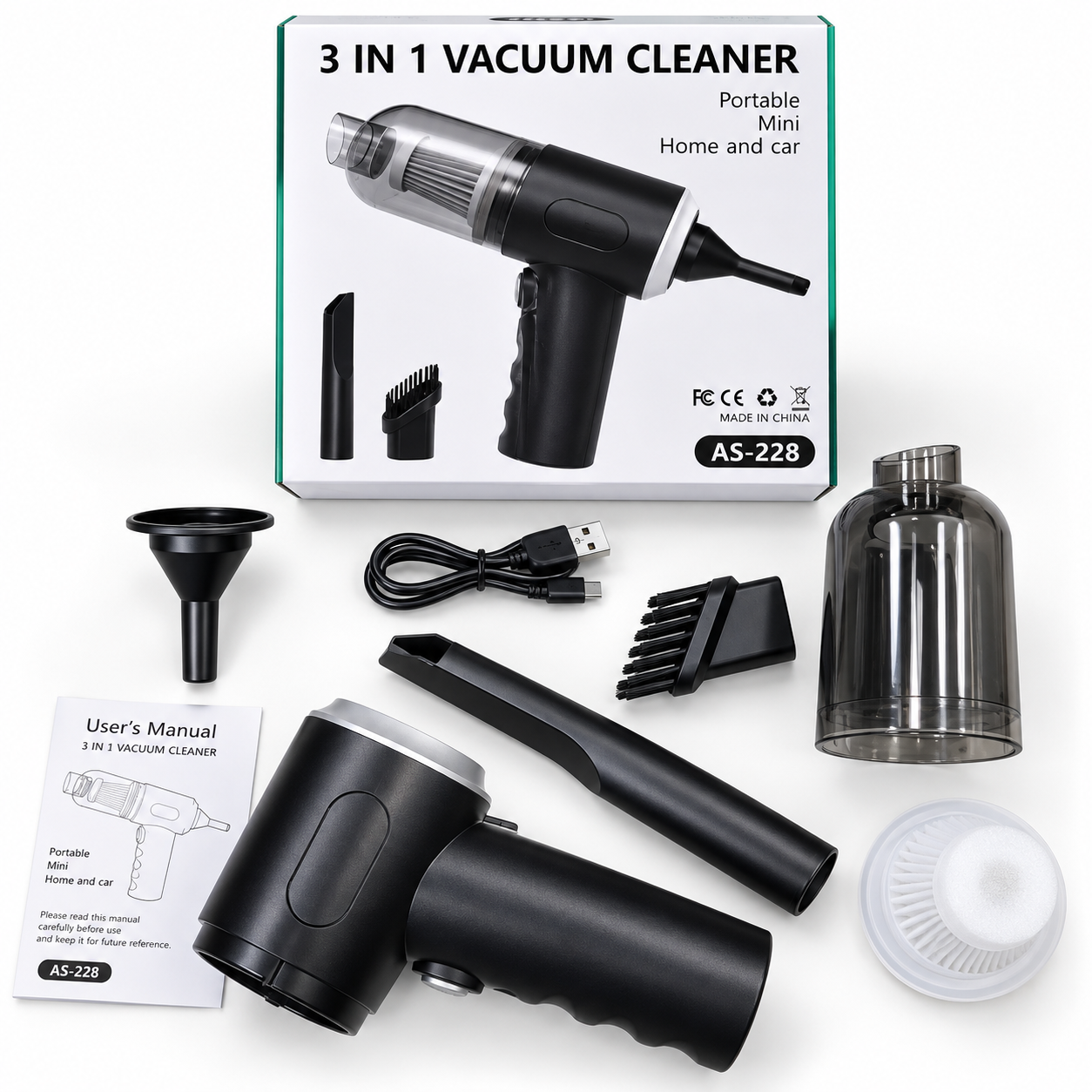 AS-228 – Aspirateur Portable 3-en-1 Sans Fil pour Voiture &amp; Maison