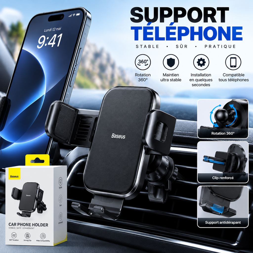 Support Téléphone Voiture – Stable, Pratique & Rotation 360°