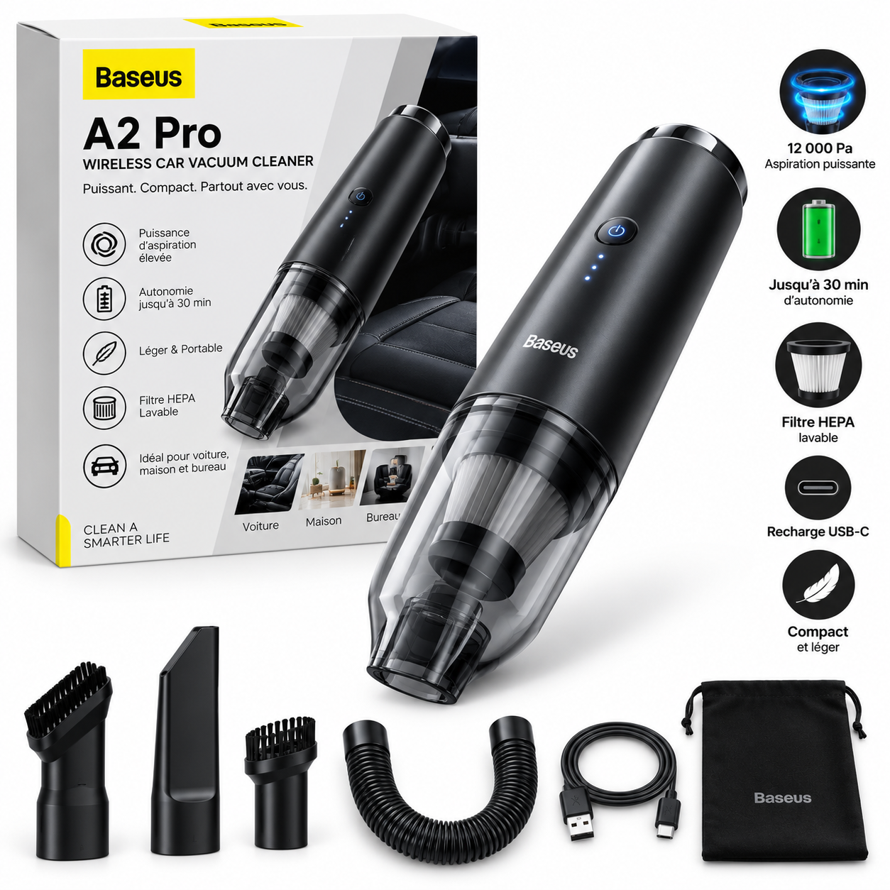 Baseus A2 Pro – Aspirateur Voiture Sans Fil Portable
